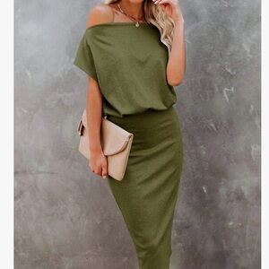 Olive Green Off-Shoulder Knit Dress